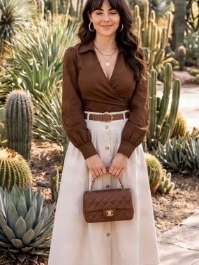 Classic Brown Maxi Skirt — Elegant Button-Front Feminine Style XL